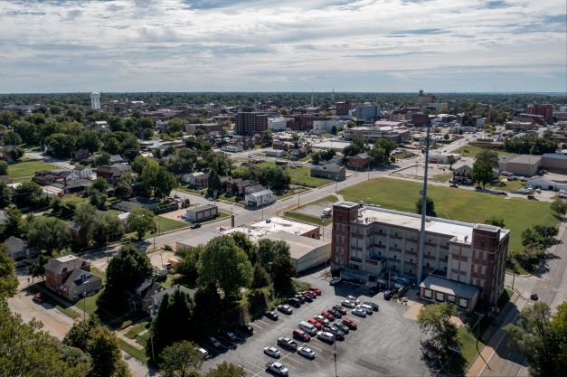 Aerial photo of the QBTC and Quincy, IL in the background